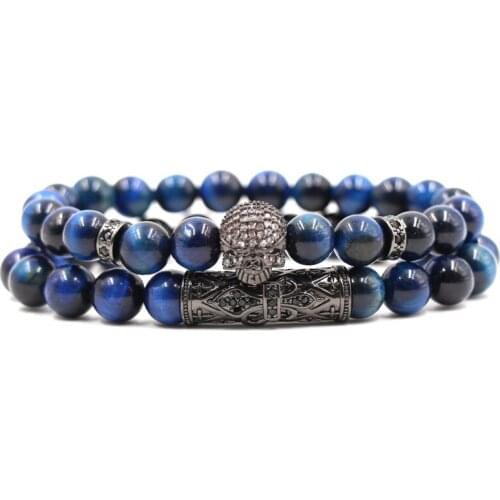 Popular Bracelet Micro Inset Zircon Curved Tube Skull Natural Blue Tiger Eye Stone Elastic Beads Bracelet Jewelry for Women Men