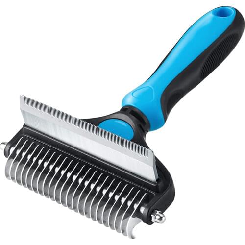 Professional Dog Comb Rake 2 In 1 Safe Double-Sided Comfortable Handle Pet Grooming Brush For Mats Tangles Removing