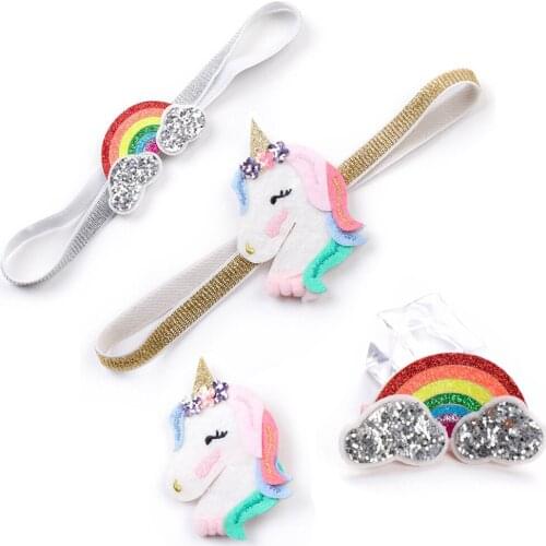 Rainbow Unicorn Girls Hairpins Glitter Headband Elastic Hair Band Turban Princess Hair Accessories Headwear