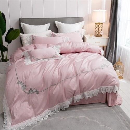 Pink blue lace Bedding Set princess Style Duvet Cover and Pillowcases 4/7pcs egyptian cotton Bedclothes Queen King Size Bed Line