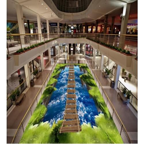 Self-adhesive PVC Wallpaper Green landscape wooden bridge over the blue sky white clouds Floor painting 3D Wallpaper