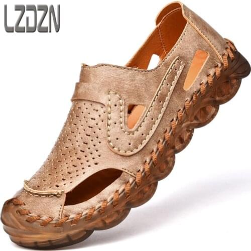 Mens Shoes Sandals Baotou Sandals Mens Hollow Leather Shoes Heel Handmade Soft Bottom Summer Style Wide Head and Fat Feet