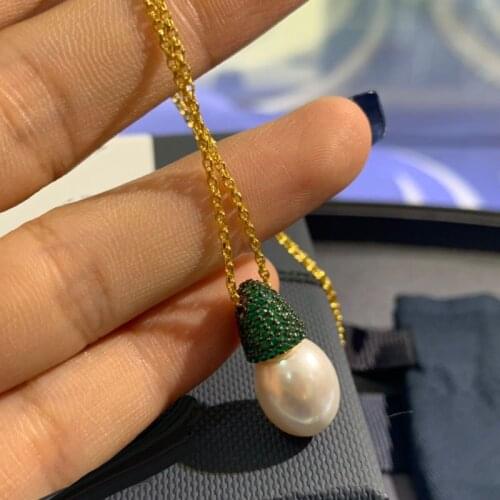 UMGODLY Brand Necklace Yellow Gold Color Green Water Drop Pearl Underlobe Pendant Women Fashion Jewelry New Arrival