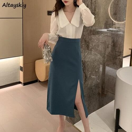 Skirts Women Slim All-match Long Ladies Elegant Solid Streetwear High Waist Side-slit New Fashion Design Summer Hot Sale Retro