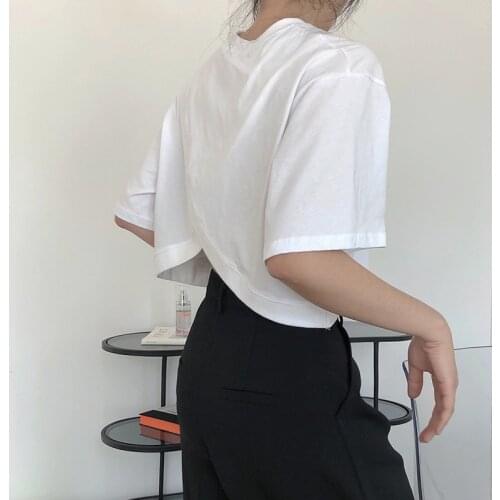 Casual Basic Tops For Women O Neck Short Sleeve Back Split High Waist One Size White T Shirt Female 2020 Summer New Tide C035