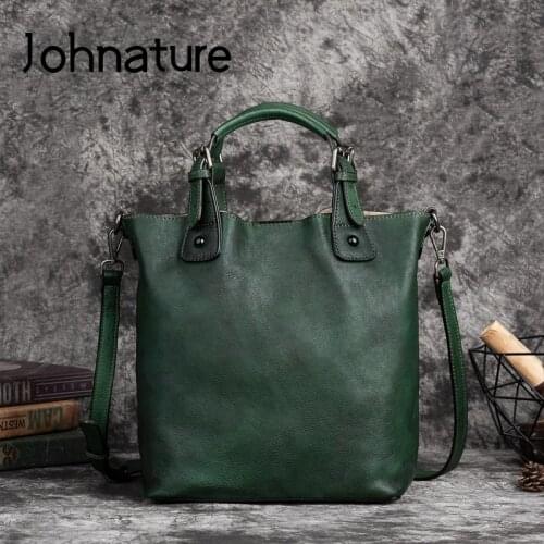 Johnature 2021 New Retro Women Bucket Bag Genuine Leather Handbag First Layer Cowhide Large Capacity Versatile Shoulder Bags