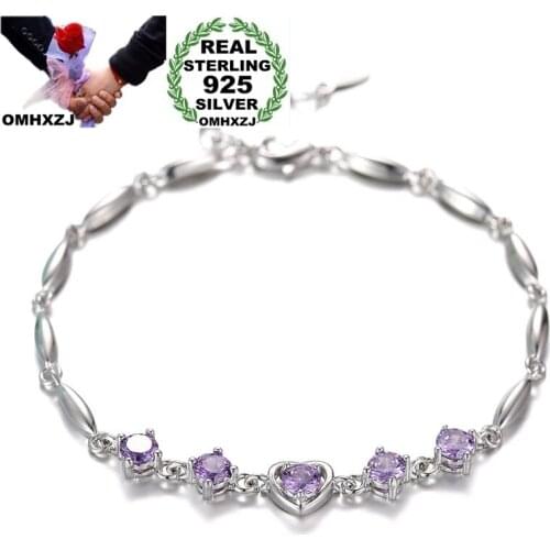 OMHXZJ Wholesale European Fashion Woman Girl Birthday Wedding Gift Heart Amethyst AAA Zircon S925 Sterling Silver Bracelet SZ138