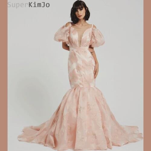 SuperKimJo 2019 Luxury Mermaid Evening Dresses Long Embroidery Lace Pink Off the Shoulder Evening Gown Robe De Soiree