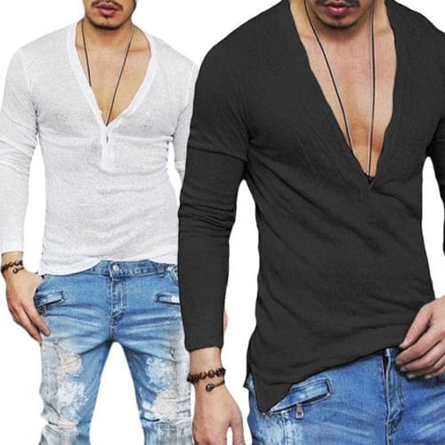 2019 Fashion Mens Casual V-Neck Long Sleeve Shirts Slim Fit T-Shirt Tops Casual Tee