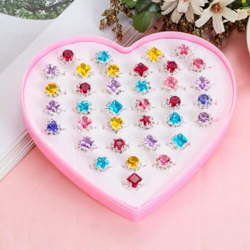 36Pcs/Box Cute Princess Girl Baby Toy Gem Ring Childrens Day Gift Kids Rings Adjustable Alloy Pink