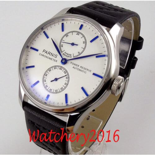 43mm parnis white dial power reserve black leather strap blue marks ST Automatic movement mens watch