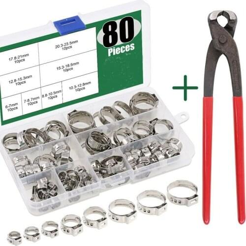 80 Pcs Single Ear Stepless Hose Clamps 5.8-24.1 mm +Double Ear Hoop Pliers Stainless Steel 304 Assortment Of Hose Clamps Set