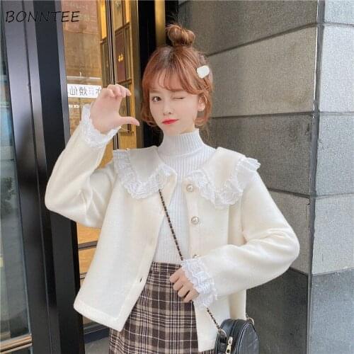 Basic Jackets Women Single-breasted Lace Spring Ulzzang Leisure Ins Long-sleeved Streetwear All-match Peter-pan-Collar Solid BF