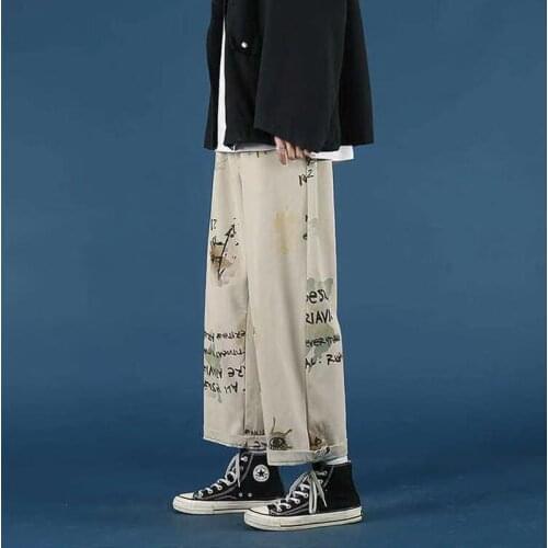 Cargo pants men Summer Hong Kong-style graffiti straight loose oversized casual pant all-match fashion cool male trousers