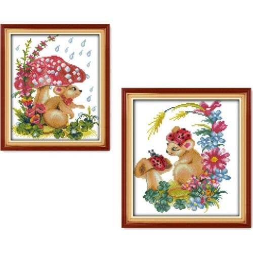 Mushrooms And A Male Female Mouse Chinese Cross Stitch Kits Ecological Cotton Stamped Printed DIY New Year Decorations For Home