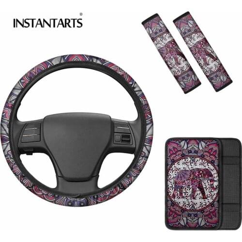 INSTANTARTS Full Set Elephant Mandala Boho Car Armrest Seat Box Cover Protector Elastic Steering Wheel Cover Car Truck Universal
