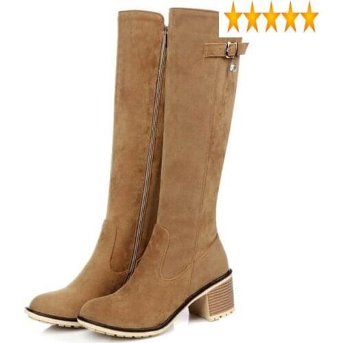 Classic Riding Autumn New Knee High Faux Suede Handsome Knight Boots Block Thick Heel Footwear Zipper Buckle Womens Botas