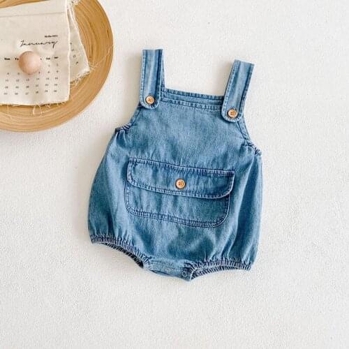 Spring Autumn Newborn Baby Denim Strap Bodysuit Toddler Girls Large Pockets Sleeveless Jumpsuit Kids Boys Cotton Solid Clothing