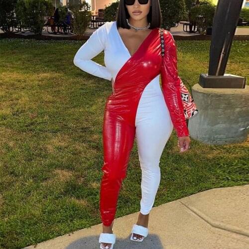 Long Sleeve V Neck PU Leather Patchwork Jumpsuit Slim Chic Streetwear Overalls