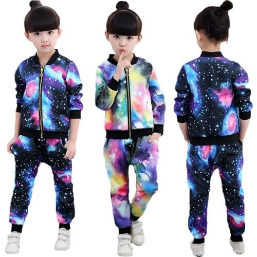 Girls Clothing Sets Full Printed Starry Sky pattern Sweatshirt Coat And Pant 2Pcs Set For Girls Kids Clothing Autumn Sports Suit