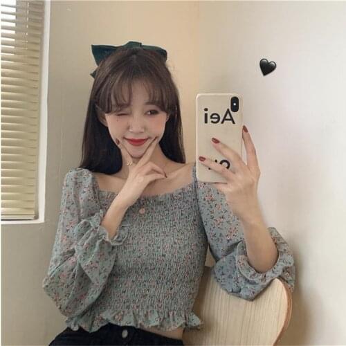 Korean Floral Print Crop Top Harajuku Women 2021 Summer Off Shoulder Flare Sleeve Tee Shirt Femme Blusas Feminina Verao 2021