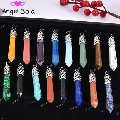 Mix Color Natural Pendant Tiger Skin Stone Hexagonal Pillar Balance Healing White Clear Opal Crystal Point Statement Pendant