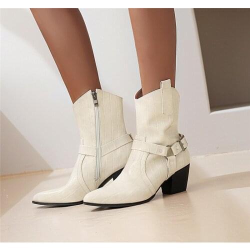 YQBTDL Fashion Beige High Heel Ladies Boots Buckle Strap Pointed Toe Embossing Pu Leather Womens Ankle Boots Western Cowboy Boot