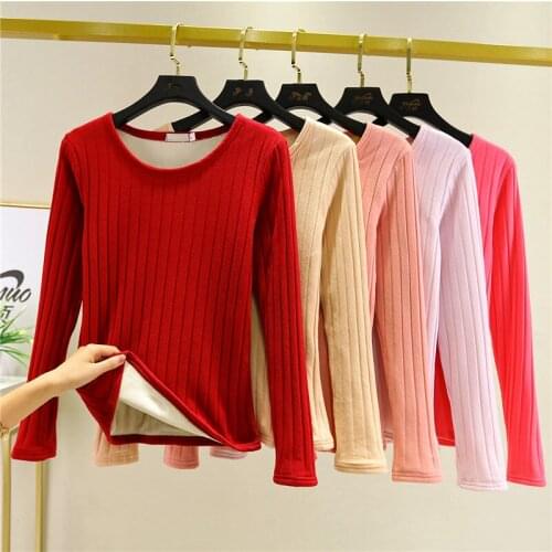 Autumn Winter Plus Velvet Thick Cotton T-Shirts Warm Tops T Shirt Women All-Match Slim Stretch Long Sleeve Tee Shirt Femme