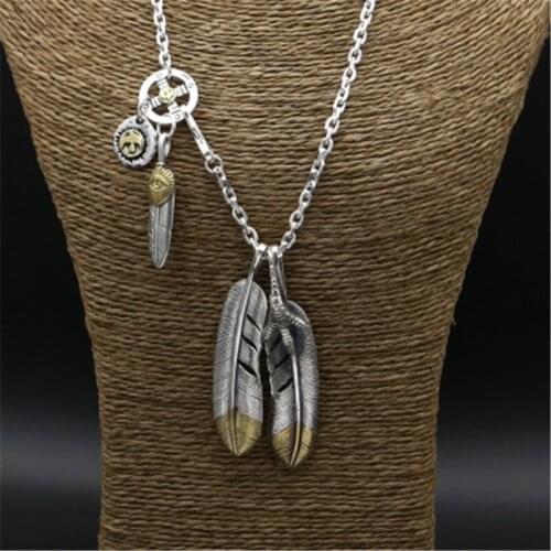 56.9g Solid 925 Sterling Silver Long Necklace Men Vintage Indian Style Gold Eye & Claw Feather Charms Designer Jewelry Men Gifts