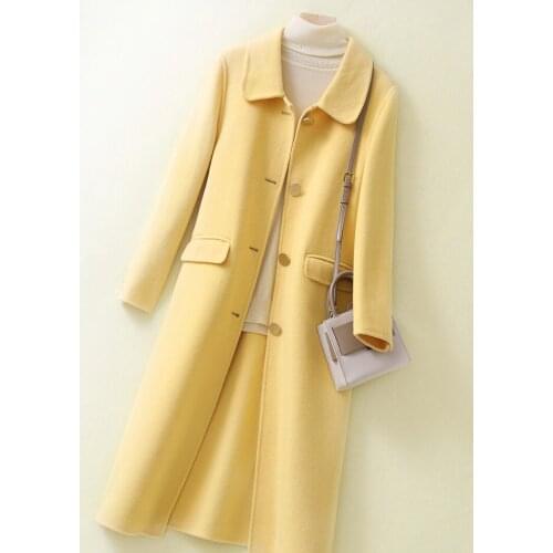 Double sided cashmere coat womens 2021 spring new medium length slim fit high-end fabric pure wool coat