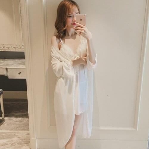 Photo new lovely lace princess pajamas spring summer sexy chiffon with chest cushion nightgown two sets fairy solid god пижам