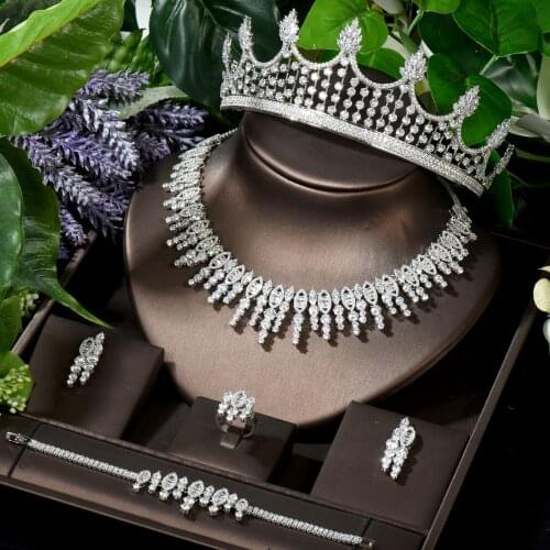 HIBRIDE Luxury Wedding Women Jewelry Set White Gold Color Bridal Hair Accessories CZ Necklace Earring Set Nigeria Wedding N-1647