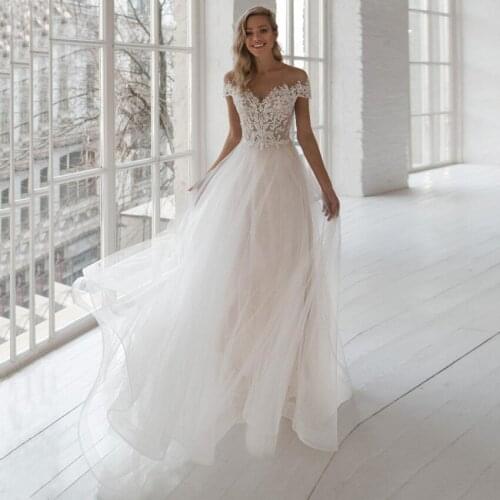 Real Vestido De Noiva Wedding Dresses Charming Sheer O-Neck Short Sleeves Pearls Applique Tulle A-line Bohemian Gowns