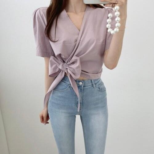 New Design V-neck Bow Tied Top Womens Summer New Solid Simple All Match Blouse X601