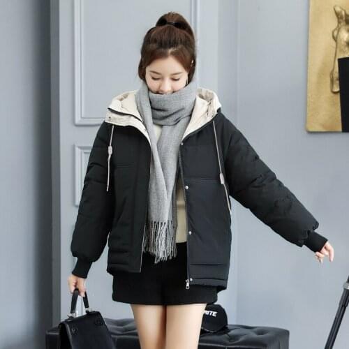 Korean Style Loose Thick Hooded Cotton Coat Short Style Solid Bubble Jacket Women Plus Size 2021 Winter Parkas