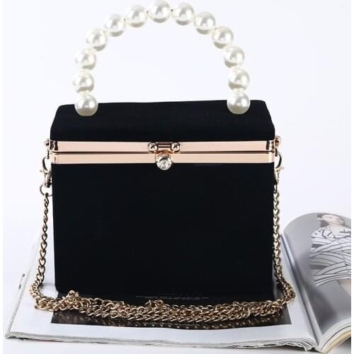 Black Womens Evening Bag Wedding Clutch Purse Bag Luxury Box Shape Pearl Handle Party Handbag Chain Shoulder Bag ZD1834