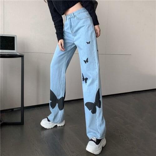 Streetwear 2021 Woman Jeans Denim Vintage Long Trousers Cowboy Female Loose Streetwear Butterfly Print Pants High Waist Jeans