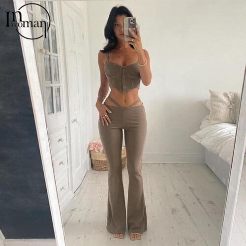 INWOMAN Autumn Sexy Black White 2 Two Piece Sets Women Outfits 2021 Cami Straps Backless Crop Top Hollow Out Clubwear Pant Suits
