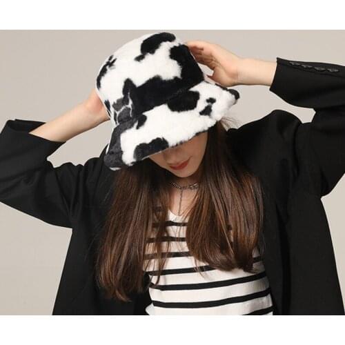 Winter Thick Warm Women Hat Cow Printed Faux Fur Plush Bucket Hat Female Girls Outdoor Panama Sun Cap