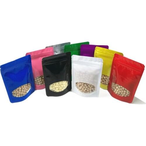 100Pcs/Lot Glossy Mylar Foil Stand Up Bag with Clear Window Zip Lock Grip Seal Tear Notch Doypack Pouches for Food Tea Coffee