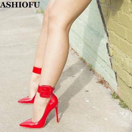ASHIOFU Handmade Shiney Ladies High Heel Pumps Buckle Straps Party Prom Dress Shoes Big-size Evening Fashion Court Shoes
