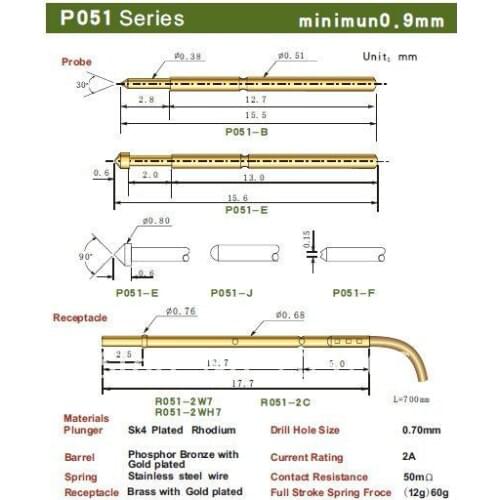FREE SHIPPING 100PCS/LOT P051-J 15.50MM TWO PART FUNCTION TEST PROBES, POGO-PIN