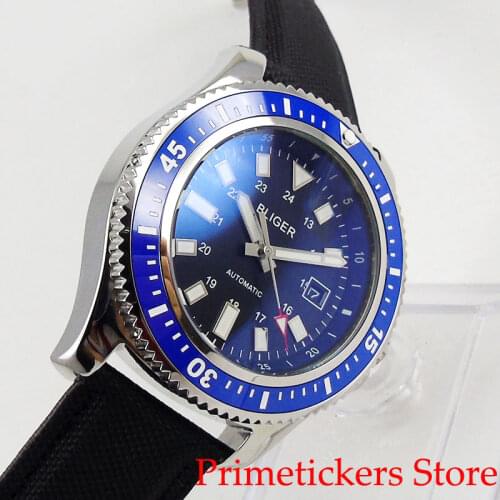 BLIGER 44mm black dial blue ceramic bezel date luminous automatic movement mens wristwatch