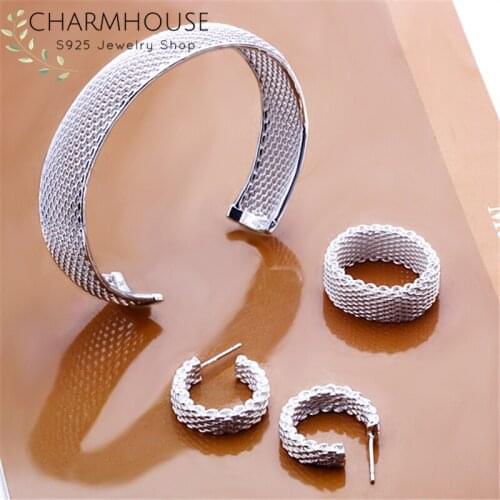 Charmhouse Silver 925 Jewelry Sets For Women Mesh Round Cuff Bangle Bracelet Ring Earrings 3pcs Costume Jewelry Accessories