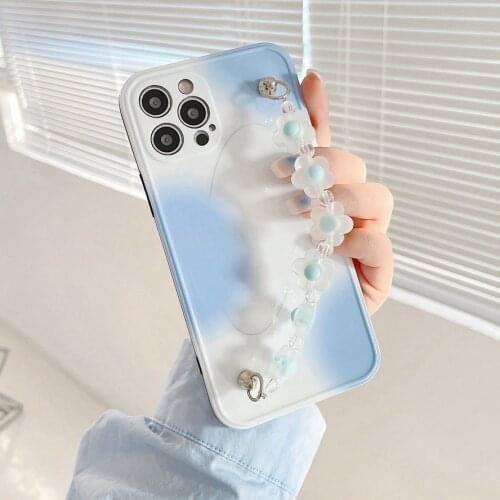 Cute Flower Wrist Strap Bracelet Phone Case for 12 Pro 11 11Pro Max X Xs Xr 7 8 Plus Mini SE2 Shockproof Clear White TPU Cover