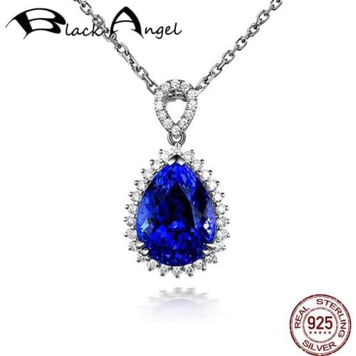 BLACK ANGEL Water Drop Pear Shaped Luxury Sapphire 925 Silver Blue Gemstone Necklace For Women Fashion Jewelry Wholesale