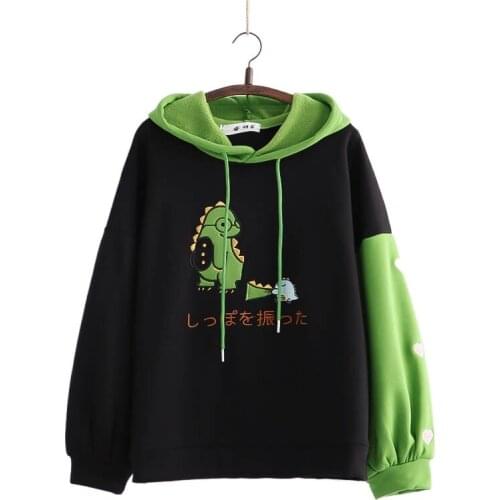 Cartoon Dinosaur Embroidery Fleece Women Hoodies 2021 Winter Full Sleeve Kawaii Hooded Sweatshirts Female Plus Velvet Pullovers