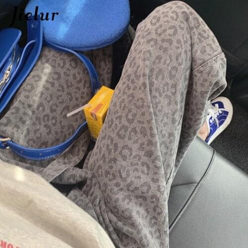 Jielur 2021 Summer Leopard Jeans Women Straight Loose Wide Leg Pants for Womens Elastic Waist Belt Dark Grey Pants Femme S-XXL