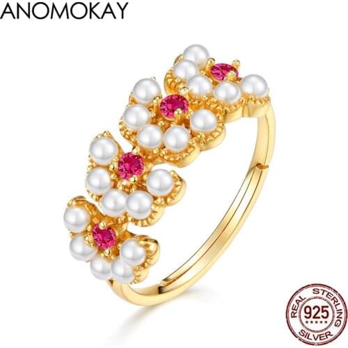 Classic Romantic Red Corundum Gold Color Rings for Wedding Anniversary 100% Sterling 925 Silver Resizable Ring Set with Pearl