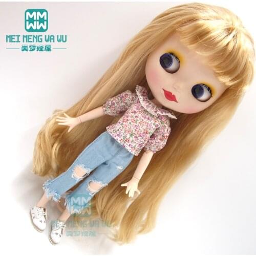 Blyth Doll Clothes doll collar shirt, ripped jeans, leather shoes for Azone doll accessories